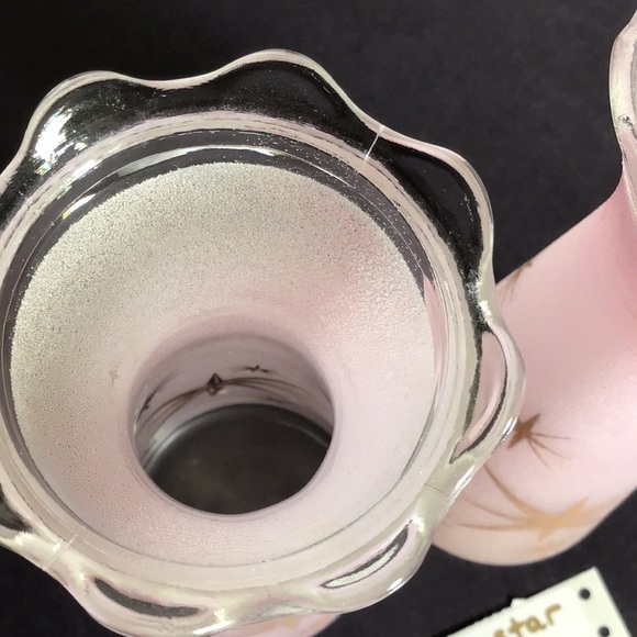 Rare atomic gold stars pink sugar glass vase pair with flared scalloped tops - Picture 12 of 13